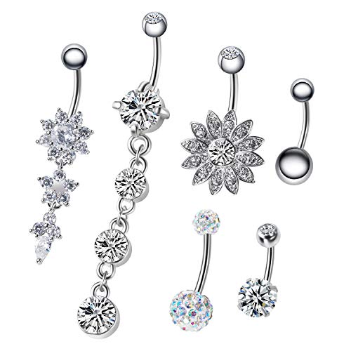 NASAMA 6PCS 14G Stainless Steel Dangle Belly Button Rings for Women Belly Piercing CZ Inlaid (Style1pcs)