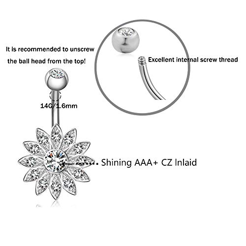 NASAMA 6PCS 14G Stainless Steel Dangle Belly Button Rings for Women Belly Piercing CZ Inlaid (Style1pcs)