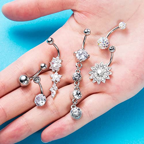 NASAMA 6PCS 14G Stainless Steel Dangle Belly Button Rings for Women Belly Piercing CZ Inlaid (Style1pcs)