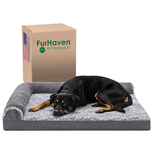 Furhaven Two-Tone Faux Fur & Suede L Shaped Chaise Egg Crate Orthopedic Foam Dog Bed - Stone Gray, Jumbo (X-Large)
