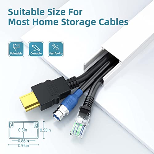 Cord Cover Raceway Kit, 157in Cable Cover Channel, Paintable Cord Concealer System Cable Hider, Cord Wires, Hiding Wall Mount TV Powers Cords in Home Office, 10X L15.7in X W0.95in X H0.55in, White