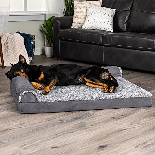Furhaven Two-Tone Faux Fur & Suede L Shaped Chaise Egg Crate Orthopedic Foam Dog Bed - Stone Gray, Jumbo (X-Large)