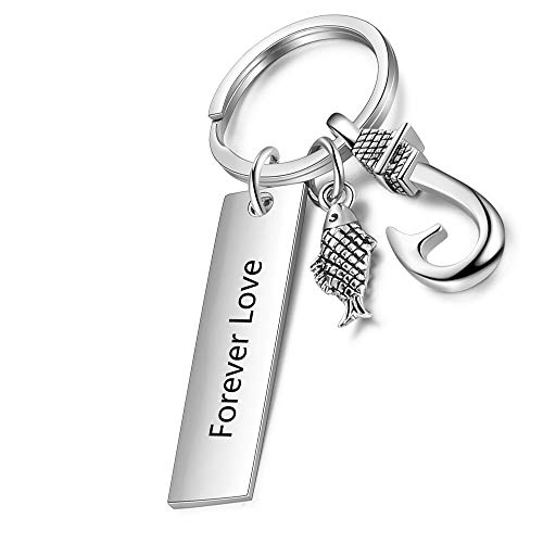 Personalised Name Bar Keychain Father's Day Silver Fish Fishhook Keyring for Men Custom Engraved Text Nameplate Keychains for Daddy Grandad Birthday Anniversary Love Gifts