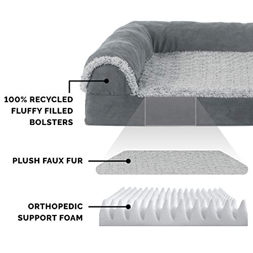 Furhaven Two-Tone Faux Fur & Suede L Shaped Chaise Egg Crate Orthopedic Foam Dog Bed - Stone Gray, Jumbo (X-Large)