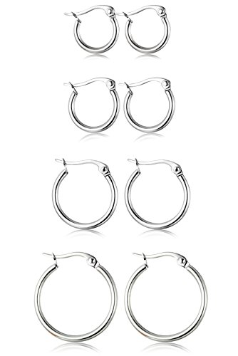 ORAZIO 4 Pairs Stainless Steel Hoop Earrings Set Cute Huggie Earrings for Womena,Silver-Tone,10MM-20MM