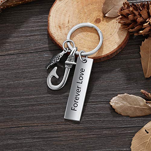 Personalised Name Bar Keychain Father's Day Silver Fish Fishhook Keyring for Men Custom Engraved Text Nameplate Keychains for Daddy Grandad Birthday Anniversary Love Gifts