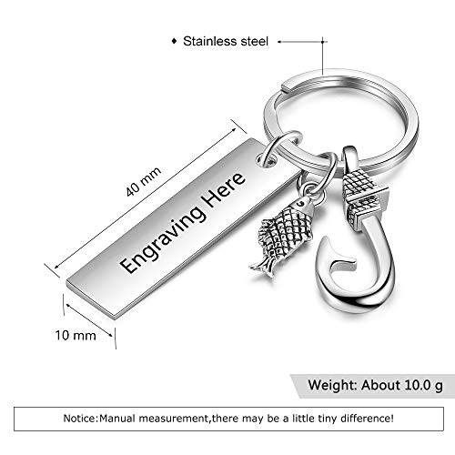 Personalised Name Bar Keychain Father's Day Silver Fish Fishhook Keyring for Men Custom Engraved Text Nameplate Keychains for Daddy Grandad Birthday Anniversary Love Gifts