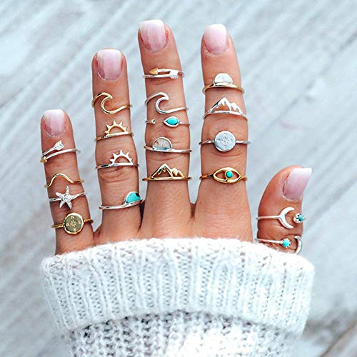 19pcs Silver Star Moon Knuckle Ring Set for Women Girls Vintage Stackable Midi Finger Rings Set