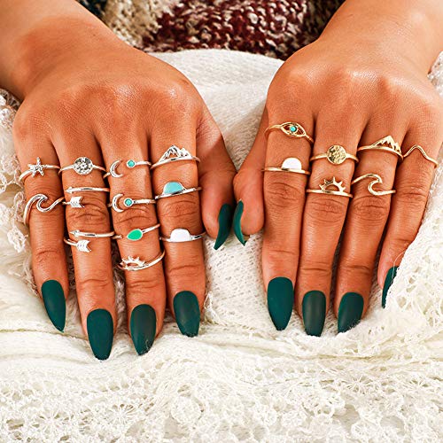 19pcs Silver Star Moon Knuckle Ring Set for Women Girls Vintage Stackable Midi Finger Rings Set