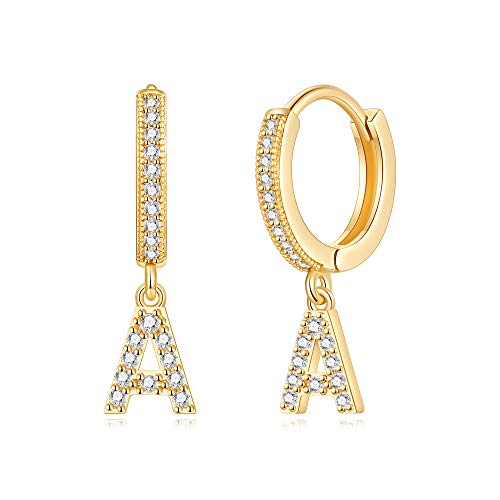 Initial Dangle Hoop Earrings for Women 14K Gold Plated Cubic Zirconia Personalized Letter A Huggie Earrings Gift for Her