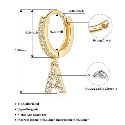 Initial Dangle Hoop Earrings for Women 14K Gold Plated Cubic Zirconia Personalized Letter A Huggie Earrings Gift for Her