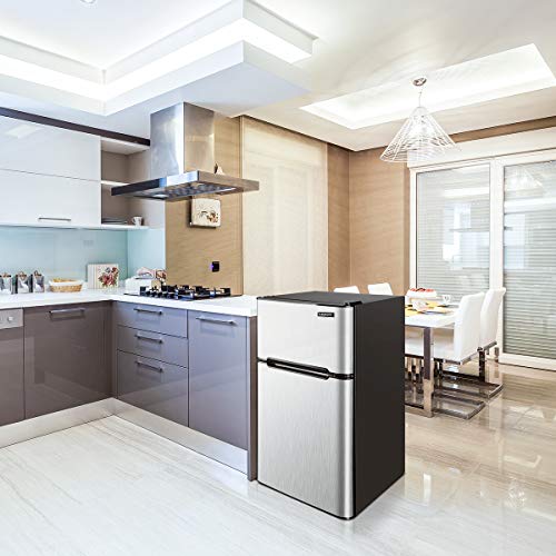 Euhomy Mini Fridge with Freezer, 3.2 Cu.Ft Compact Refrigerator with freezer, 2 Door Mini Fridge with freezer, Upright for Dorm, Bedroom, Office, Apartment- Food Storage or Drink Beer, Silver