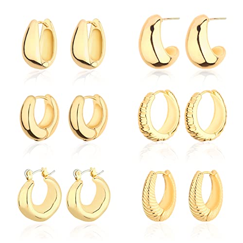Wgoud Chunky Huggie Hoop Earring 14K Gold Hoop Earrings for Men Women Hypoallergenic, Thick Hoops Earring set, Twist Hoop Earring (6 Prs Chunky Gold)