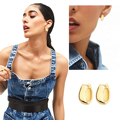 Wgoud Chunky Huggie Hoop Earring 14K Gold Hoop Earrings for Men Women Hypoallergenic, Thick Hoops Earring set, Twist Hoop Earring (6 Prs Chunky Gold)