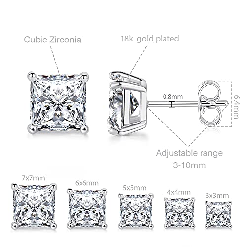 MDFUN 18K White Gold Plated Princess Cut Clear Cubic Zirconia Stud Earring Pack of 5 Pairs