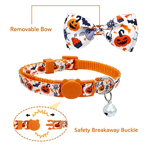Pohshido Halloween Cat Collar with Bell, Kitty Kitten Holiday Bow tie Collar Breakaway 2 Pack for Girl and Boys Male Female