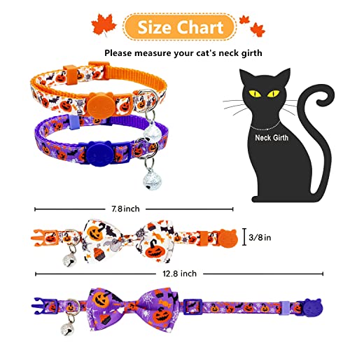Pohshido Halloween Cat Collar with Bell, Kitty Kitten Holiday Bow tie Collar Breakaway 2 Pack for Girl and Boys Male Female