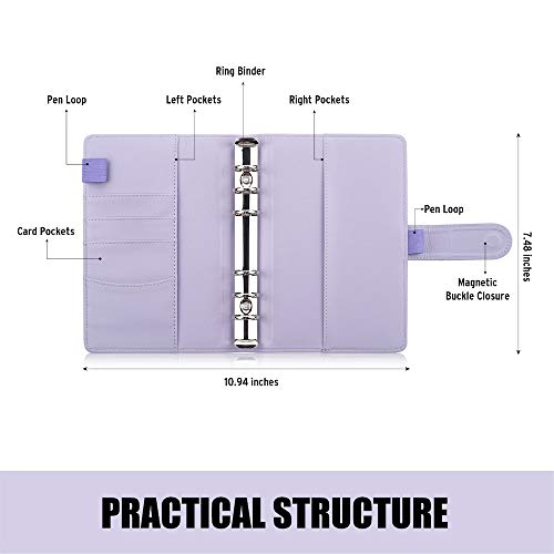 Sooez A6 Notebook Binder, 6 Ring Planner with Stylish Design, Loose Leaf Personal Organizer Binder Cover with Magnetic Buckle Closure, PU Leather Binder for Women with Macaron Colors (Lavender)