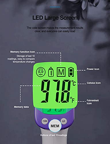 Infrared Thermometer for Adults, Non Contact Forehead Thermometer with Fever Alarm, Accurate Reading and Memory Function, Babies, Children, and The Elderly & Surface of Objects Use