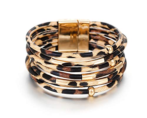 Fesciory Women Multi-Layer Leather Wrap Bracelet Handmade Wristband Braided Rope Cuff Bangle with Magnetic Buckle Jewelry (Brown Leopard)