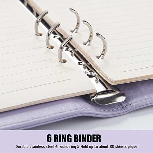 Sooez A6 Notebook Binder, 6 Ring Planner with Stylish Design, Loose Leaf Personal Organizer Binder Cover with Magnetic Buckle Closure, PU Leather Binder for Women with Macaron Colors (Lavender)