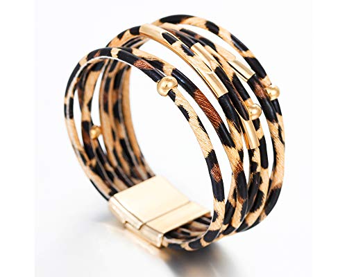 Fesciory Women Multi-Layer Leather Wrap Bracelet Handmade Wristband Braided Rope Cuff Bangle with Magnetic Buckle Jewelry (Brown Leopard)