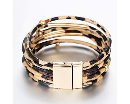 Fesciory Women Multi-Layer Leather Wrap Bracelet Handmade Wristband Braided Rope Cuff Bangle with Magnetic Buckle Jewelry (Brown Leopard)