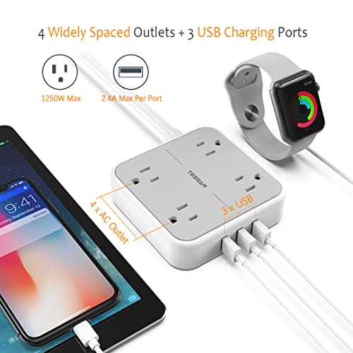 Power Strip with USB, TESSAN Mountable Flat Plug Extension Cord with 4 Widely Spaced Outlets, 3 USB Charger, 5 FT Power Cord, Compact Size Charging Station for Home, Office, Dorm Essentials, Gray