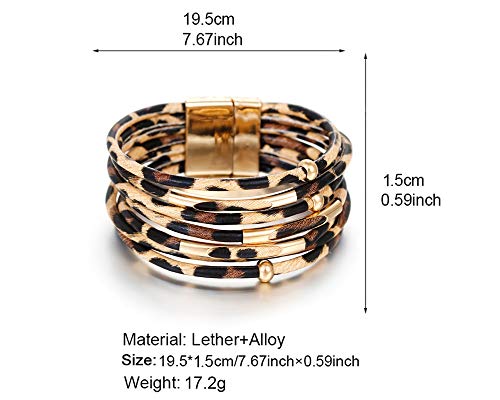 Fesciory Women Multi-Layer Leather Wrap Bracelet Handmade Wristband Braided Rope Cuff Bangle with Magnetic Buckle Jewelry (Brown Leopard)