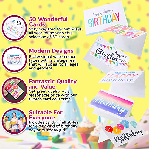 Spark Ink Birthday Cards Assortment (50 pcs). Happy Birthday Greeting Card for Kids & Adults. Bulk Pack Includes 4 X 6 inch Unique Bday Cards & Envelopes