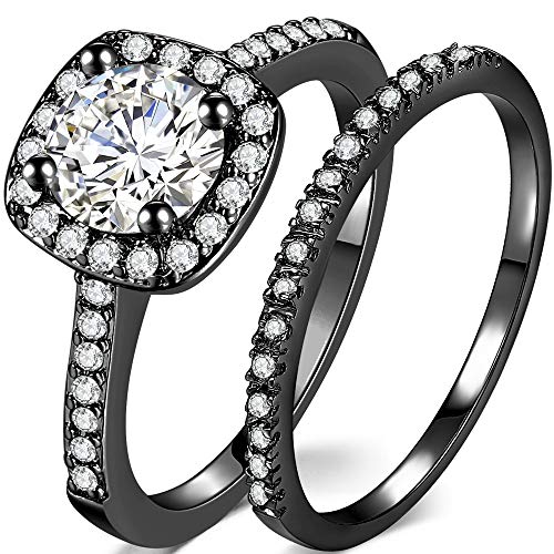 Silver Rose Gold 2 Carat Wedding Engagement Eternity Bridal Ring Set (Black, 10)