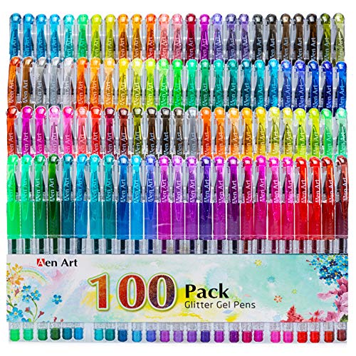 Glitter Gel Pens, 100 Color Glitter Pen Set, 30% More Ink Neon Glitter Coloring Marker for Adult Coloring Books Bullet Journaling Crafting Doodling Drawing