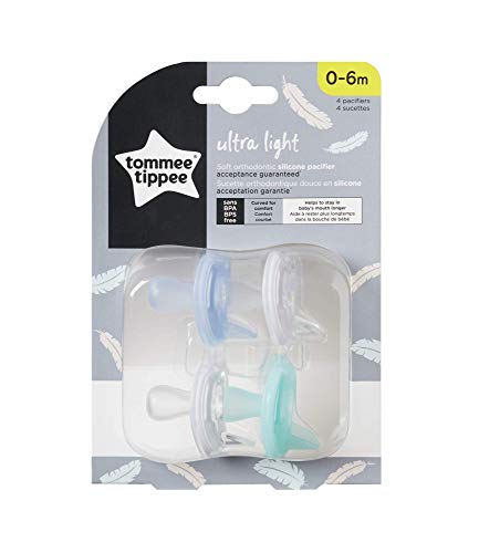 Tommee Tippee Ultra-Light Silicone Pacifier, Symmetrical One-Piece Design, BPA-Free Silicone Binkies, 0-6m, 4-Count