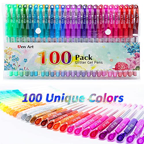 Glitter Gel Pens, 100 Color Glitter Pen Set, 30% More Ink Neon Glitter Coloring Marker for Adult Coloring Books Bullet Journaling Crafting Doodling Drawing