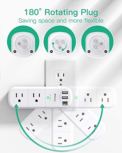 USB Outlet Extender Surge Protector - with Rotating Plug, 6 AC Multi Plug Outlet and 3 USB Ports (1 USB C), 1800 Joules, 3-Sided Swivel Power Strip with Spaced Outlet Splitter for Home, Office, Travel