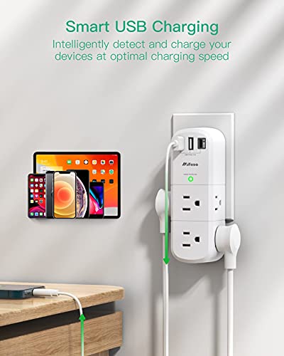 USB Outlet Extender Surge Protector - with Rotating Plug, 6 AC Multi Plug Outlet and 3 USB Ports (1 USB C), 1800 Joules, 3-Sided Swivel Power Strip with Spaced Outlet Splitter for Home, Office, Travel