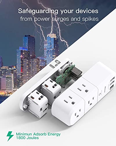 USB Outlet Extender Surge Protector - with Rotating Plug, 6 AC Multi Plug Outlet and 3 USB Ports (1 USB C), 1800 Joules, 3-Sided Swivel Power Strip with Spaced Outlet Splitter for Home, Office, Travel