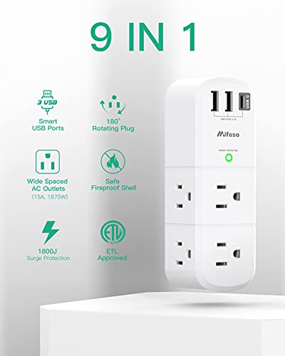 USB Outlet Extender Surge Protector - with Rotating Plug, 6 AC Multi Plug Outlet and 3 USB Ports (1 USB C), 1800 Joules, 3-Sided Swivel Power Strip with Spaced Outlet Splitter for Home, Office, Travel