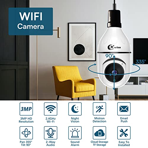 XVIM Wireless WiFi Light Bulb Camera, 3MP Light Bulb Security Camera, Smart 360 PTZ Indoor/Outdoor Bulb Security Camera, APP Access and Alarm Notification, Night Vision
