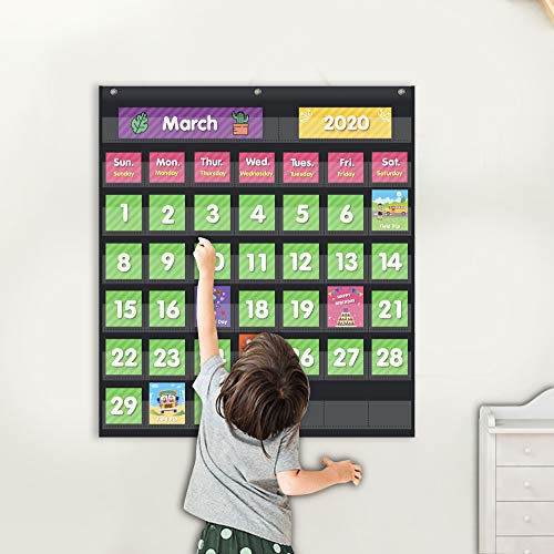 Eamay Classroom Monthly Calendar Pocket Chart with 71 Cards for Kids Learning for Home(Black)