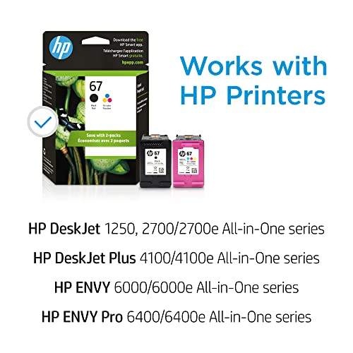 Original HP 67 Black/Tri-color Ink Cartridges (2 Count - Pack of 1) | Works with HP DeskJet 1255, 2700, 4100 Series, HP ENVY 6000, 6400 Series | Eligible for Instant Ink | 3YP29AN