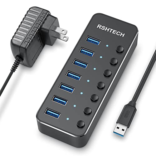 RSHTECH USB 3.0 Hub 7 Port Powered USB Hub Expander Aluminum USB 3.0 Data Port hub with Universal 5V AC Adapter and Individual On/Off Switches USB Splitter for Laptop and PC(Black)