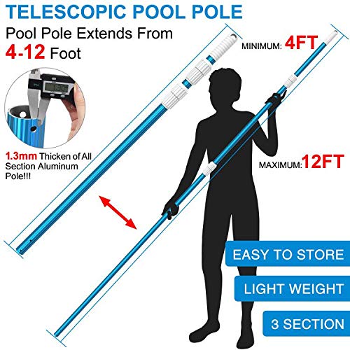 CKE Upgraded 12 Foot Thicken 1.3mm Blue Aluminum Telescoping Swimming Pool Pole,Adjustable 3 Piece Expandable Step-Up,Attach Connect Skimmer Nets,Rakes,Brushes,Vacuum Heads with Hoses, Universal 1.25"