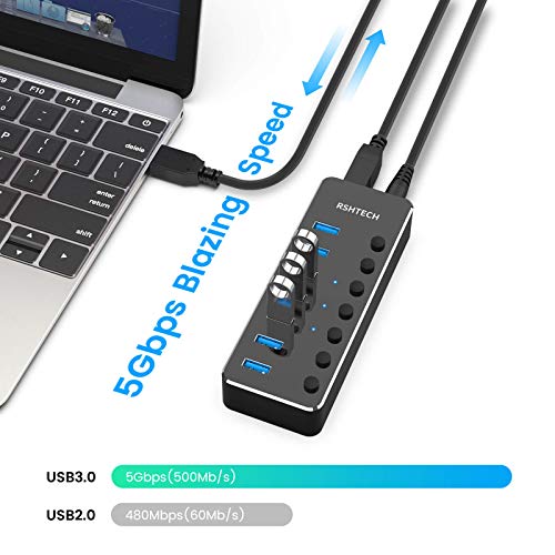 RSHTECH USB 3.0 Hub 7 Port Powered USB Hub Expander Aluminum USB 3.0 Data Port hub with Universal 5V AC Adapter and Individual On/Off Switches USB Splitter for Laptop and PC(Black)