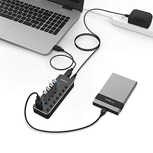 RSHTECH USB 3.0 Hub 7 Port Powered USB Hub Expander Aluminum USB 3.0 Data Port hub with Universal 5V AC Adapter and Individual On/Off Switches USB Splitter for Laptop and PC(Black)