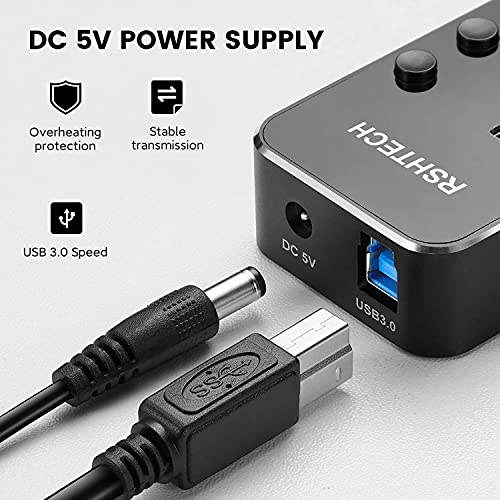 RSHTECH USB 3.0 Hub 7 Port Powered USB Hub Expander Aluminum USB 3.0 Data Port hub with Universal 5V AC Adapter and Individual On/Off Switches USB Splitter for Laptop and PC(Black)