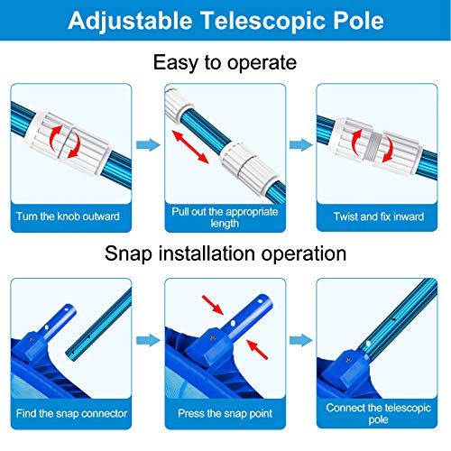 CKE Upgraded 12 Foot Thicken 1.3mm Blue Aluminum Telescoping Swimming Pool Pole,Adjustable 3 Piece Expandable Step-Up,Attach Connect Skimmer Nets,Rakes,Brushes,Vacuum Heads with Hoses, Universal 1.25"