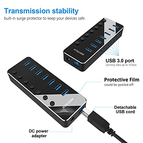 RSHTECH USB 3.0 Hub 7 Port Powered USB Hub Expander Aluminum USB 3.0 Data Port hub with Universal 5V AC Adapter and Individual On/Off Switches USB Splitter for Laptop and PC(Black)