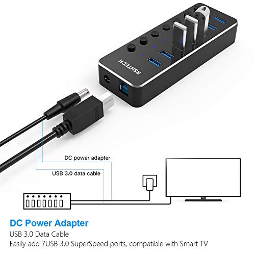 RSHTECH USB 3.0 Hub 7 Port Powered USB Hub Expander Aluminum USB 3.0 Data Port hub with Universal 5V AC Adapter and Individual On/Off Switches USB Splitter for Laptop and PC(Black)