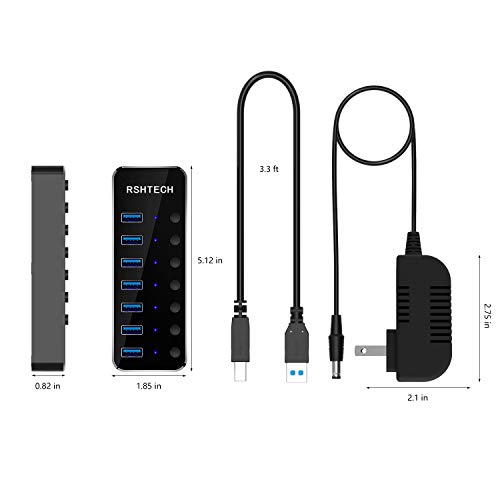 RSHTECH USB 3.0 Hub 7 Port Powered USB Hub Expander Aluminum USB 3.0 Data Port hub with Universal 5V AC Adapter and Individual On/Off Switches USB Splitter for Laptop and PC(Black)